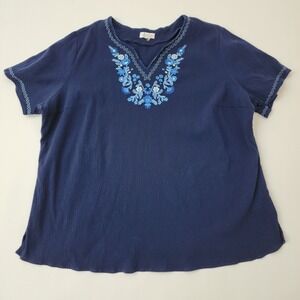 Denim & Co Navy Blue Crinkle Gauze Embroidered V-Neck Short Sleeve Blouse Top